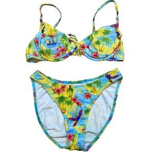 Vintage 90s Tropical Bikini Swimsuit Set With Parrot & Palm Print  Size 12/34 By